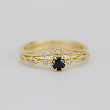 Load image into Gallery viewer, 18k gold ring set with black diamond and diamond wedding band, Sophisticated Wedding Set