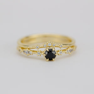 18k gold ring set with black diamond and diamond wedding band, Sophisticated Wedding Set