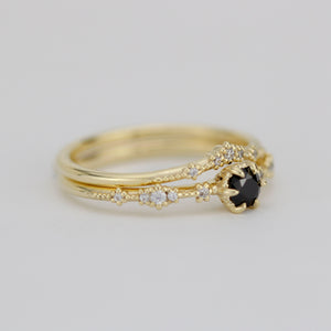 18k gold ring set with black diamond and diamond wedding band, Sophisticated Wedding Set