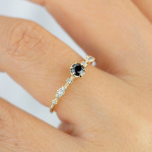 Load image into Gallery viewer, 18k gold ring set with black diamond and diamond wedding band, Sophisticated Wedding Set