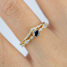 Load image into Gallery viewer, 18k gold ring set with black diamond and diamond wedding band, Sophisticated Wedding Set