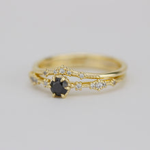 Load image into Gallery viewer, 18k gold ring set with black diamond and diamond wedding band, Sophisticated Wedding Set