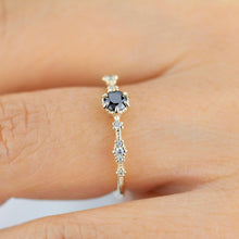 Load image into Gallery viewer, 18k gold ring set with black diamond and diamond wedding band, Sophisticated Wedding Set