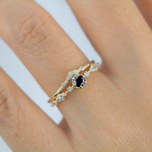 Load image into Gallery viewer, 18k gold ring set with black diamond and diamond wedding band, Sophisticated Wedding Set