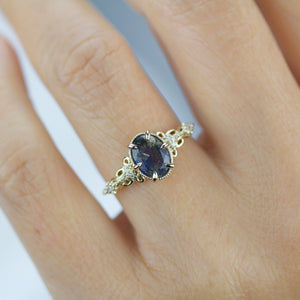 labradorite engagement ring, labradorite gold ring, oval ring diamond, labradorite and diamond ring, 18k vintage ring