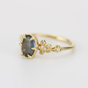 labradorite engagement ring, labradorite gold ring, oval ring diamond, labradorite and diamond ring, 18k vintage ring