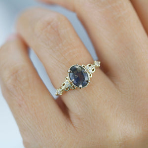 labradorite engagement ring, labradorite gold ring, oval ring diamond, labradorite and diamond ring, 18k vintage ring