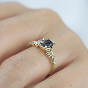 labradorite engagement ring, labradorite gold ring, oval ring diamond, labradorite and diamond ring, 18k vintage ring