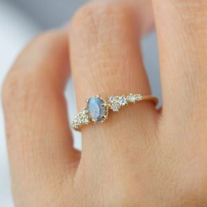 Oval Labradorite and Diamond engagement ring, Gold ring Labradorite, 18k gold ring, simple diamond ring