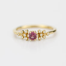 Load image into Gallery viewer, 18k gold engagement ring garnet, Round garnet ring, vintage milgrain round cut garnet engagement ring, gold ring delicate