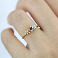 Load image into Gallery viewer, 18k gold engagement ring garnet, Round garnet ring, vintage milgrain round cut garnet engagement ring, gold ring delicate