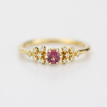 Load image into Gallery viewer, 18k gold engagement ring garnet, Round garnet ring, vintage milgrain round cut garnet engagement ring, gold ring delicate