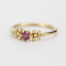 Load image into Gallery viewer, 18k gold engagement ring garnet, Round garnet ring, vintage milgrain round cut garnet engagement ring, gold ring delicate