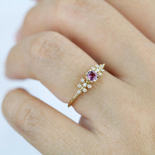 Load image into Gallery viewer, 18k gold engagement ring garnet, Round garnet ring, vintage milgrain round cut garnet engagement ring, gold ring delicate