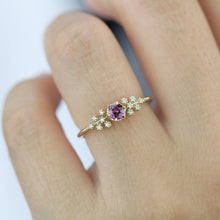 Load image into Gallery viewer, 18k gold engagement ring garnet, Round garnet ring, vintage milgrain round cut garnet engagement ring, gold ring delicate