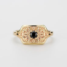 Load image into Gallery viewer, 18K Gold Mens Engagement Signet Ring with Black Diamond and Intricate Baroque-Style Engraving – Luxury Handcrafted Statement Ring for Him