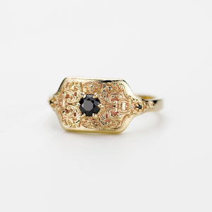 18K Solid Gold Mens Signet Ring with Black Diamond