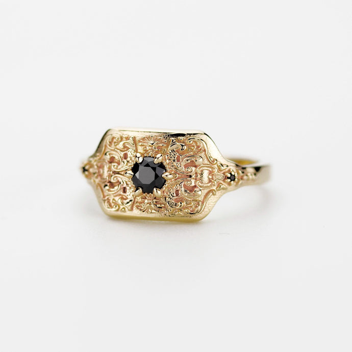 18K Solid Gold Mens Signet Ring with Black Diamond