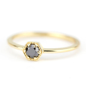 hexagon ring, black diamond ring, engagement ring, diamond ring, black diamond, gold ring, diamond engagement, promise ring, Delicate Ring - NOOI JEWELRY