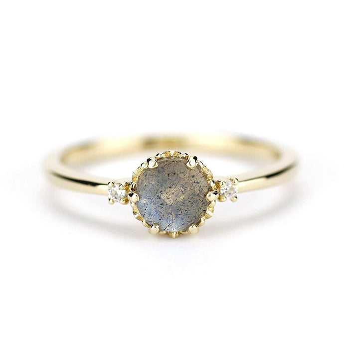 delicate engagement ring three stone ring labradorite and diamond 18k gold - NOOI JEWELRY
