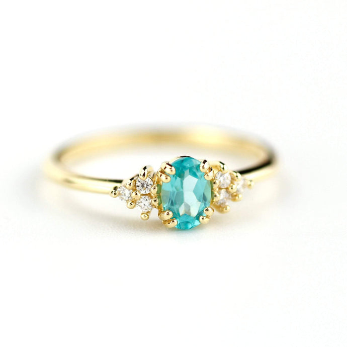 blue apatite engagement ring, oval apatite and diamonds ring - NOOI JEWELRY