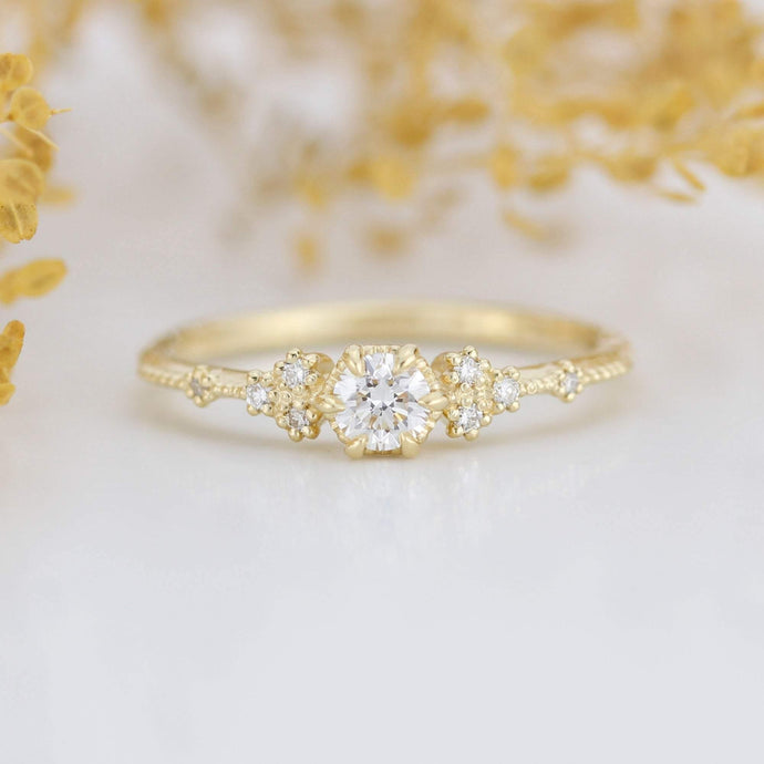 Delicate Art Deco Princess Cut Moissanite Engagement Ring In 18K Yellow Gold  | Fascinating Diamonds