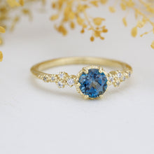 Load image into Gallery viewer, Alternative engagement ring, Unique engagement ring, vintage engagement ring, London blue topaz and diamond cluster ring | R347LBT