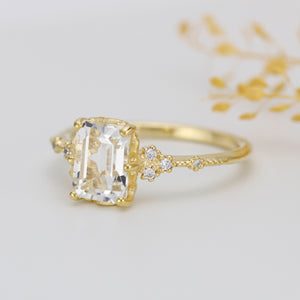 Diamond and white topaz engagement ring, cluster ring emerald cut  | R 348WT