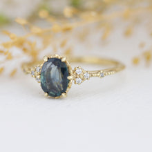 Load image into Gallery viewer, Teal Peacock Sapphire and diamond engagement ring, oval teal ring, vintage teal sapphire ring | R 349TEALS