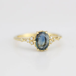Teal Peacock Sapphire and diamond engagement ring, oval teal ring, vintage teal sapphire ring | R 349TEALS
