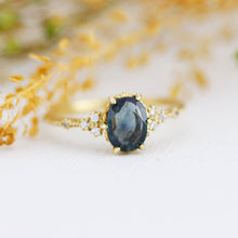 Load image into Gallery viewer, Teal Peacock Sapphire and diamond engagement ring, oval teal ring, vintage teal sapphire ring | R 349TEALS