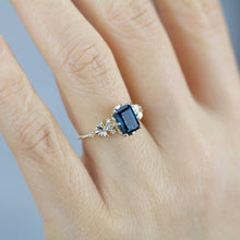 Load image into Gallery viewer, Emerald cut engagement ring, London blue topaz ring, leaf ring, nature inspired ring, delicate ring, diamond ring |R 381 LBT